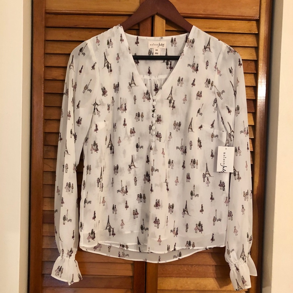 Maison Jules sheer white Paris printed blouse